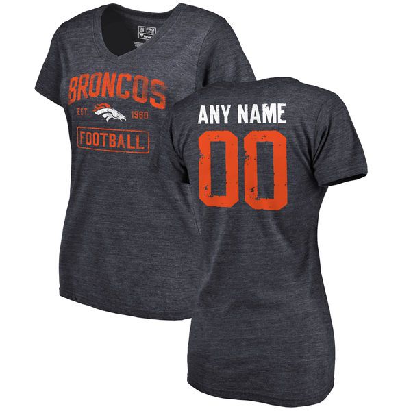 Women Navy Denver Broncos Distressed Custom Name and Number Tri-Blend V-Neck NFL T-Shirt->nfl t-shirts->Sports Accessory